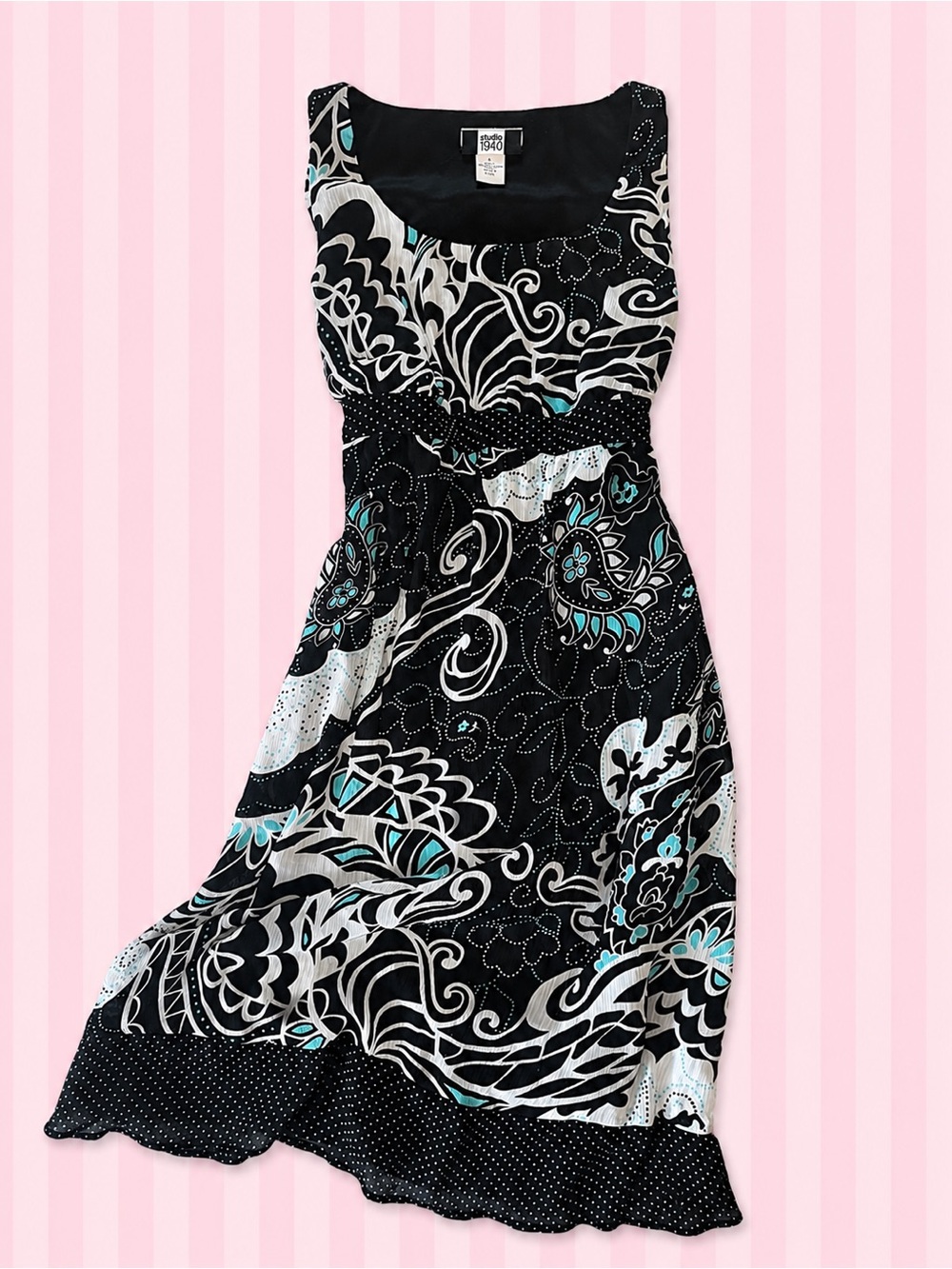 Studio 1940 Y2K Black White Turquoise Paisley Midi Dress Size 6